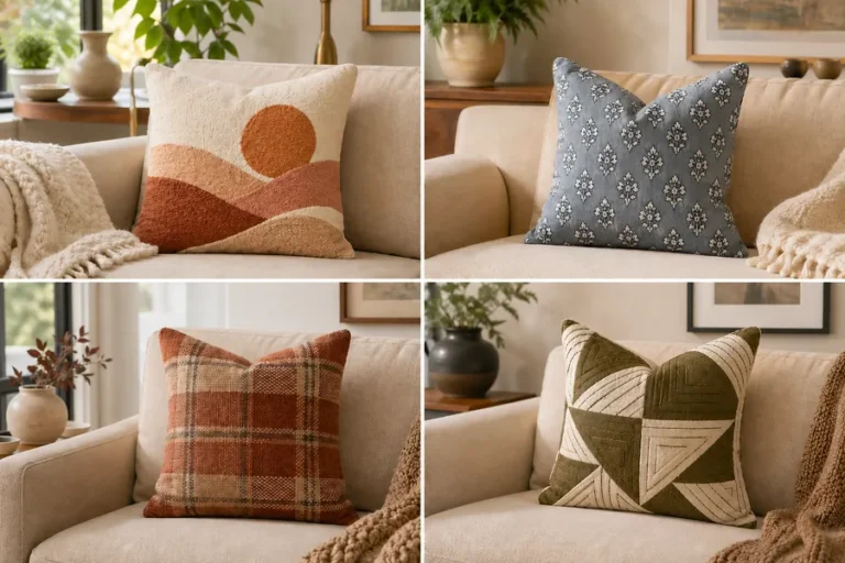 **Alt text:** Four decorative couch pillow ideas on a beige sofa, featuring sunset, floral, plaid, and geometric designs for a stylish neutral living room.