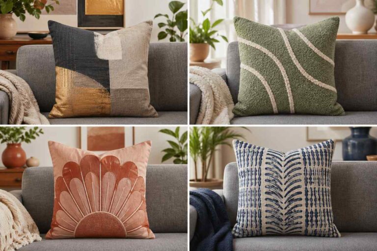Four decorative couch pillows on a gray sofa in a 2x2 collage, featuring abstract gold, sage green textured, terracotta sunburst, and blue patterned pillow designs.