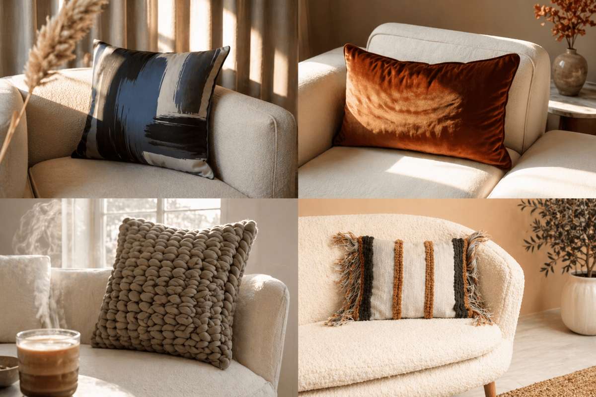 Neutral-toned couch pillows styled on a white sofa, featuring velvet, knitted, and textured designs in warm earthy colors
