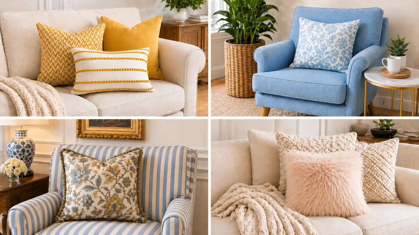 Square collage featuring four cozy seating areas with colorful couch pillows, including yellow, blue floral, striped, and fluffy textured pillow ideas.