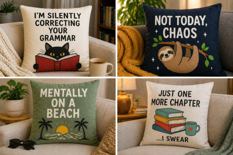 Collage of four funny throw pillows with quirky designs on cozy sofas, featuring humorous lifestyle themes and modern home décor