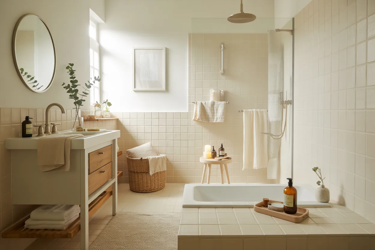 Cozy beige bathroom with a wood vanity, round mirror, glass shower, woven basket, white towels, candles, and natural daylight.