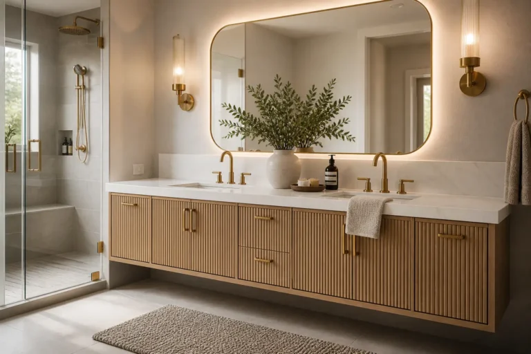 Luxurious bathroom vanity with fluted wood cabinets, brass fixtures, backlit rounded mirror, warm sconces, and a glass shower for an expensive-looking bathroom upgrade.