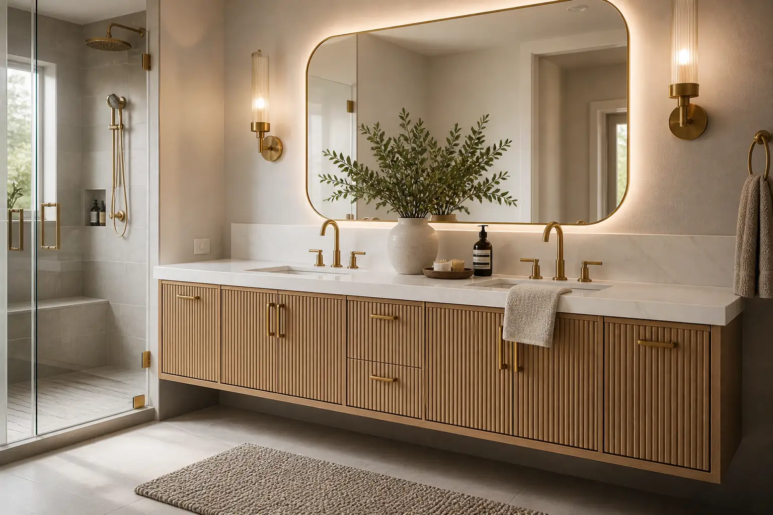 Luxurious bathroom vanity with fluted wood cabinets, brass fixtures, backlit rounded mirror, warm sconces, and a glass shower for an expensive-looking bathroom upgrade.