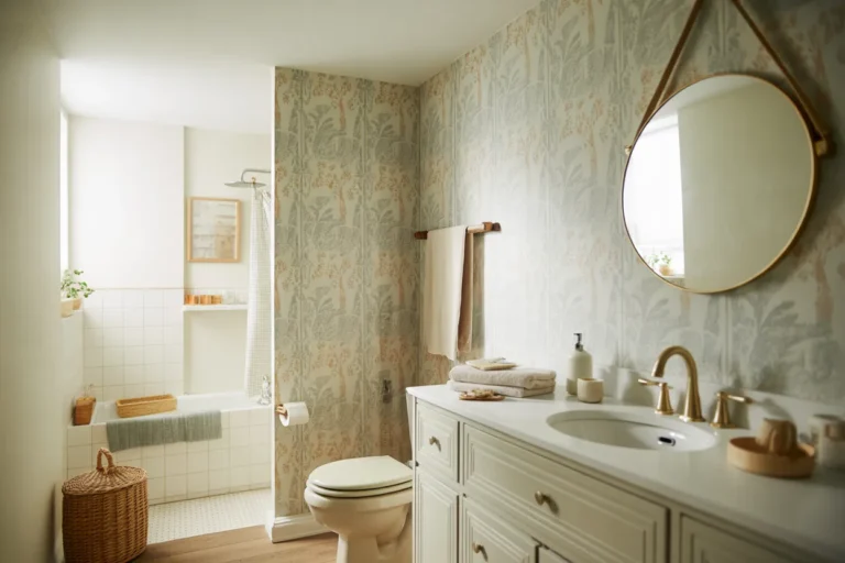 Cozy bathroom with soft botanical wallpaper, white vanity, brass mirror, bathtub, toilet, and warm neutral decor.