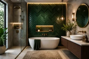 Luxury bathroom with a dark green herringbone tile accent wall, freestanding tub, brass fixtures, wood vanity, and warm lighting.