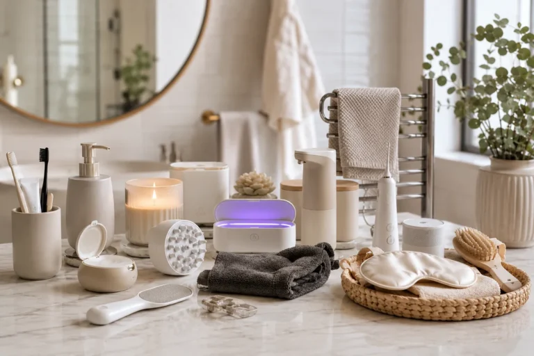 Modern spa-inspired bathroom countertop featuring stylish bathroom essentials including an electric toothbrush, soap dispenser, skincare tools, soft towels, candle, bath brush, and woven tray in a bright neutral bathroom setting.
