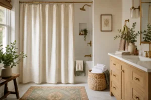 Cozy bathroom with a cream textured shower curtain, brass shower rod, light wood vanity, woven basket, soft towels, greenery, and warm natural daylight.