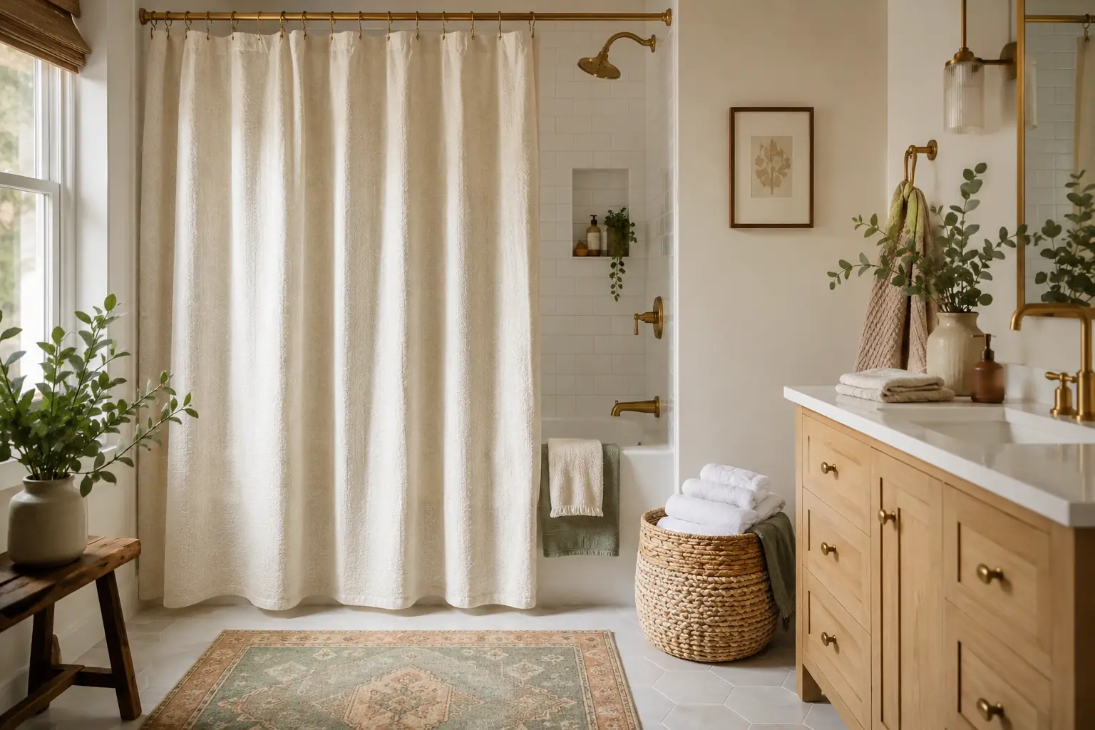 Cozy bathroom with a cream textured shower curtain, brass shower rod, light wood vanity, woven basket, soft towels, greenery, and warm natural daylight.