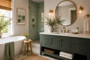 Stylish modern bathroom with soft sage green vanity, brass fixtures, warm neutral walls, freestanding white tub, glass shower, and natural wood accents creating a calming bathroom color scheme.