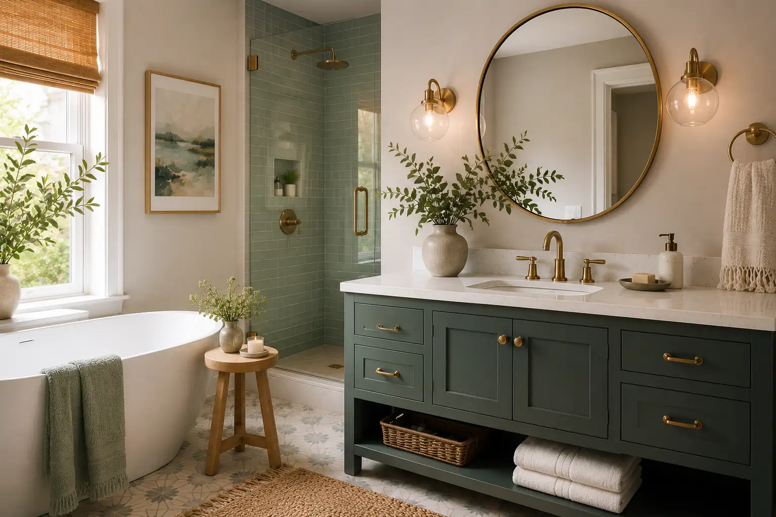 Stylish modern bathroom with soft sage green vanity, brass fixtures, warm neutral walls, freestanding white tub, glass shower, and natural wood accents creating a calming bathroom color scheme.