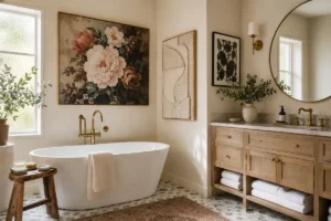 Elegant bathroom featuring multiple Bathroom Art Ideas, including an oversized floral painting above a freestanding tub, textured wall art, a black-and-white print, and warm brass accents.