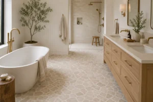 Luxury spa-style bathroom floor tile design with irregular natural stone-look tiles, warm neutral tones, freestanding soaking tub, light oak double vanity, brass fixtures, and elegant modern bathroom interior.