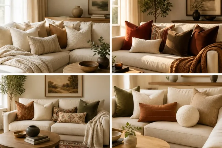 Collage of beige couches styled with cream, rust, olive, and patterned couch pillows in warm cozy living rooms.