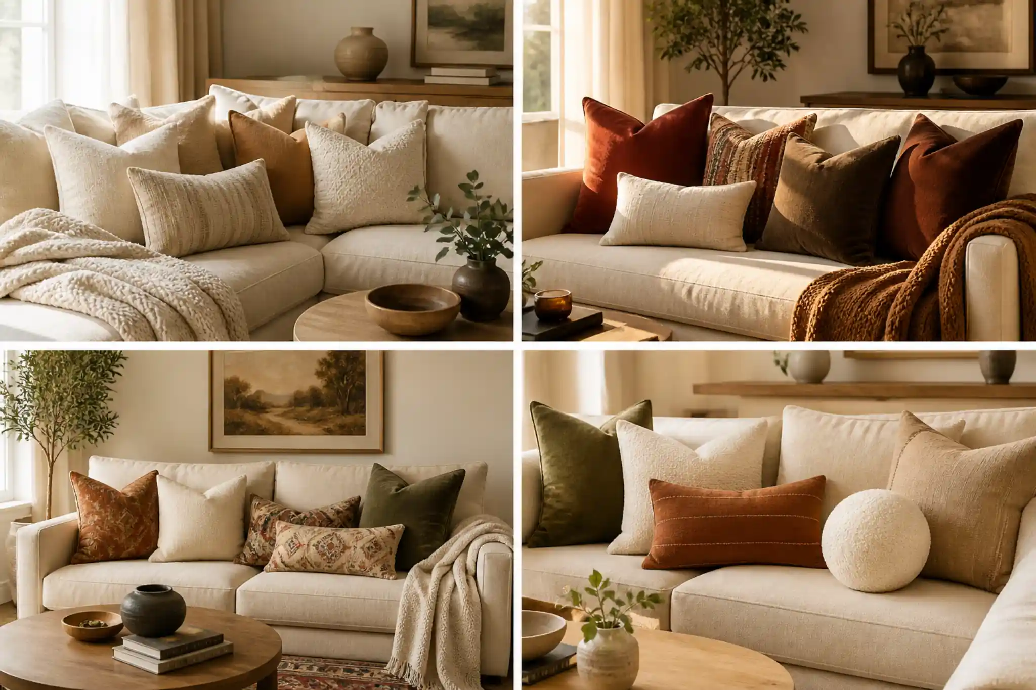 Collage of beige couches styled with cream, rust, olive, and patterned couch pillows in warm cozy living rooms.