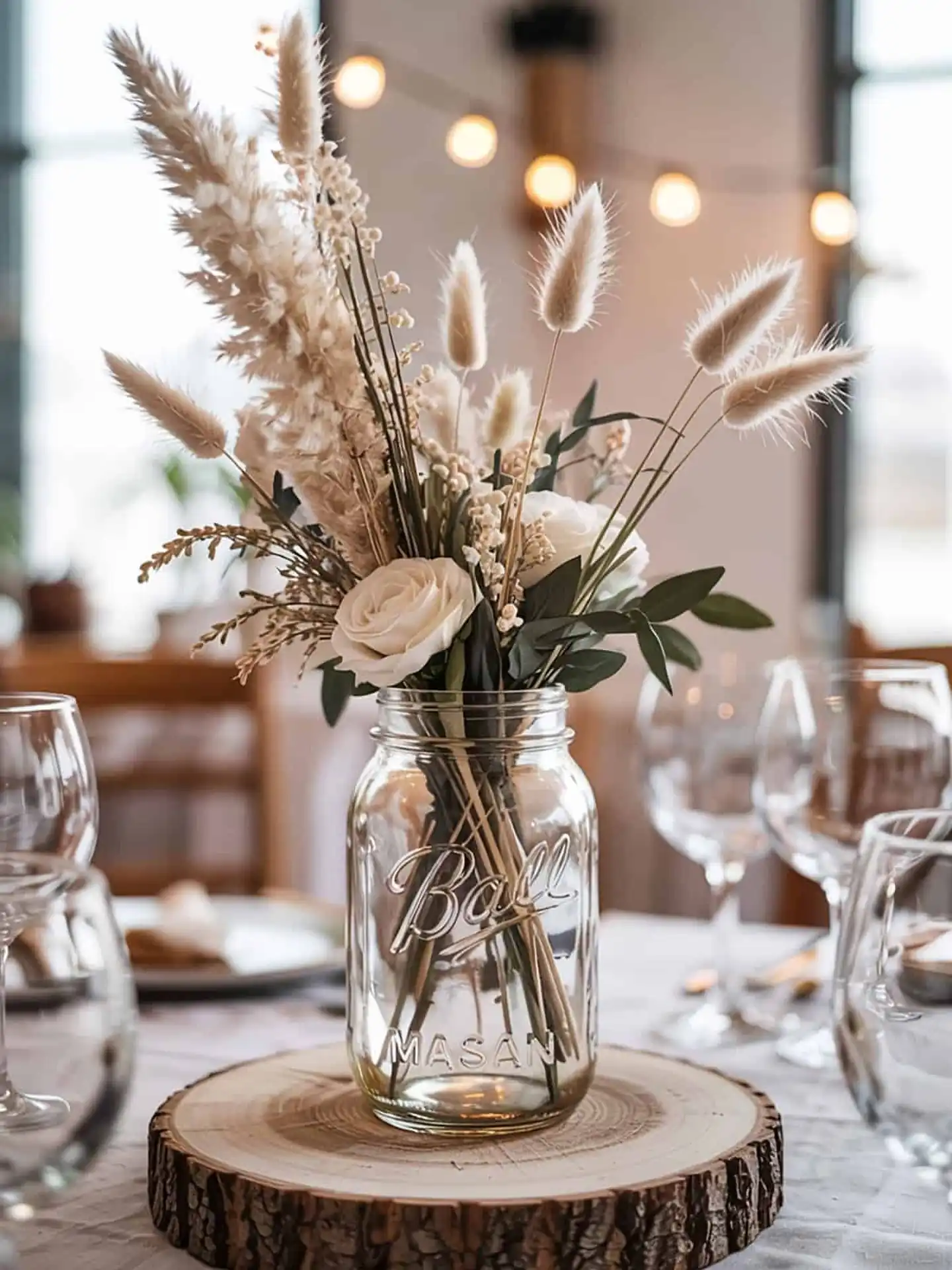 Cream roses and dried grasses arranged in a clear mason jar on a rustic wood slice