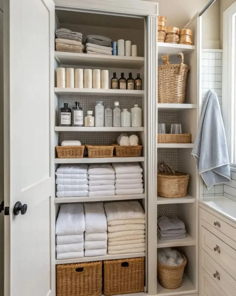 Organized bathroom closet with folded towels, toiletries, and woven storage baskets arranged on open white shelves.