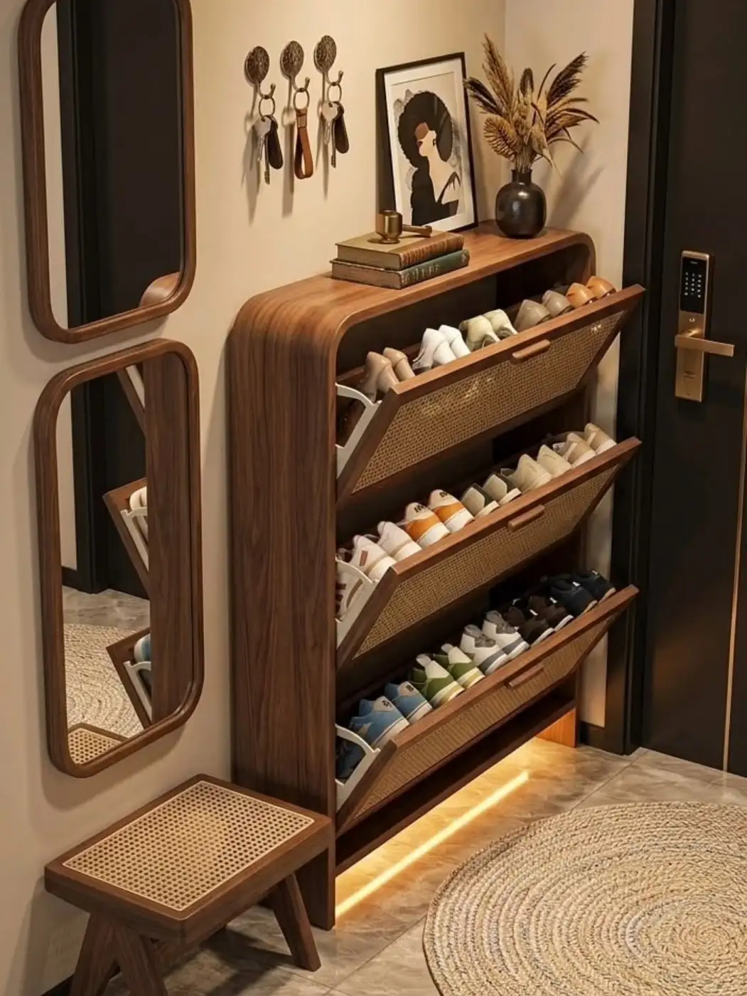 Slim cane shoe cabinet with flip-down storage, wall hooks, mirrors, and small entryway decor