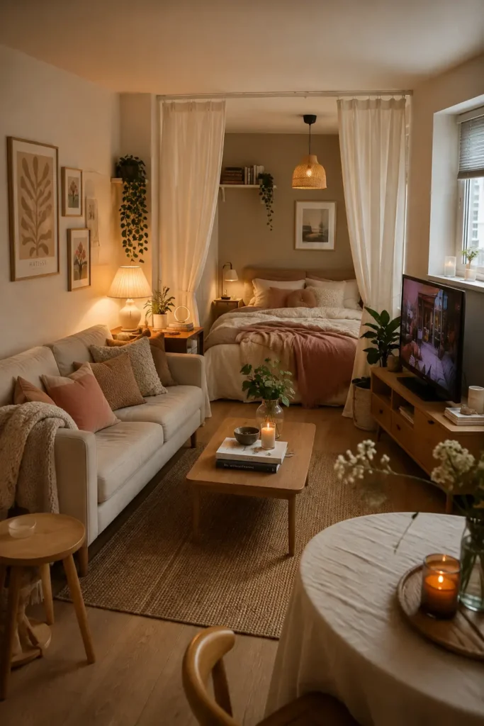 Small studio apartment with a bed nook separated by soft white curtains beside a cozy living area.