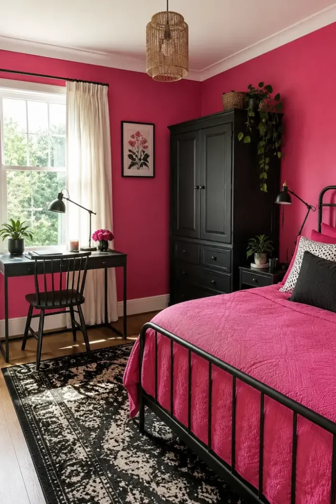 Adult bedroom with hot pink walls, a black armoire and desk, and a bright pink quilt on a black metal bed.
