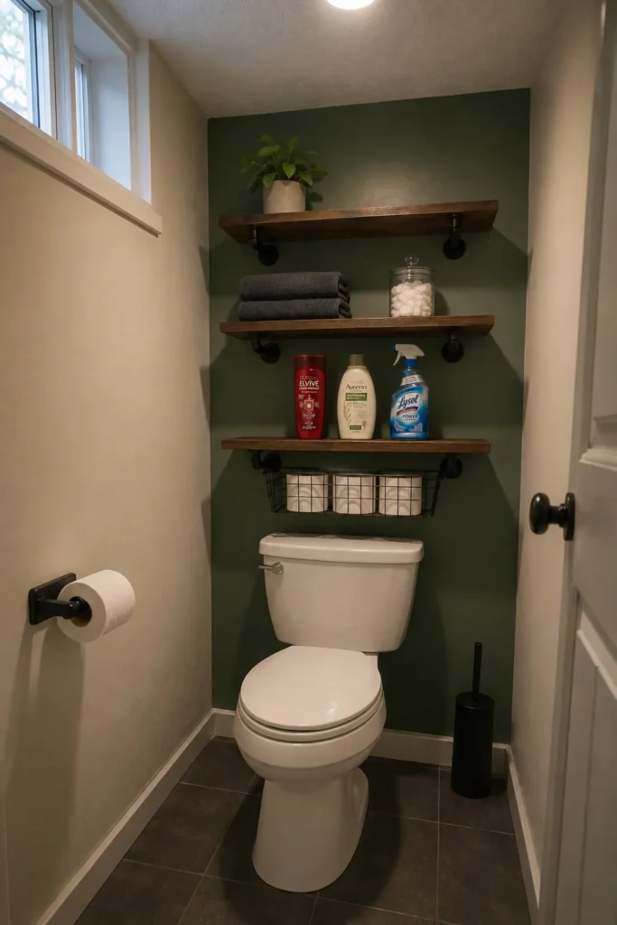 Dark wood pipe shelves above a toilet with towels, toiletries, cotton jar and wire toilet paper basket