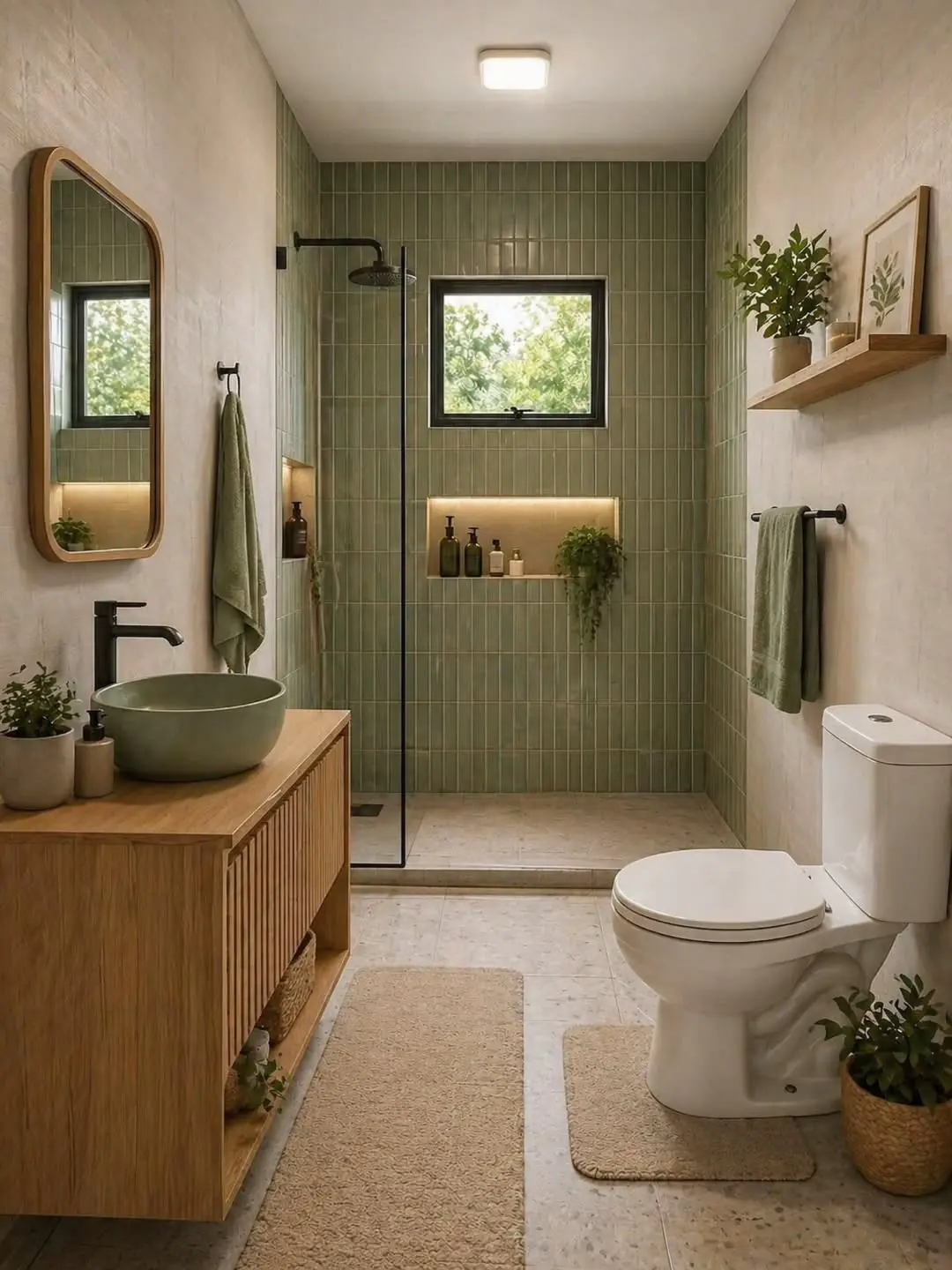 Sage green bathroom with tree-pattern wallpaper, matching subway tile, arched mirror, brass fixtures and pedestal sink