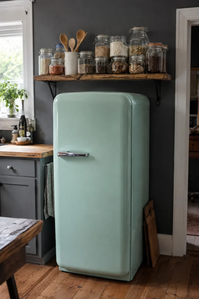 Mint green refrigerator with a wooden wall shelf displaying clear pantry jars and a white utensil crock.