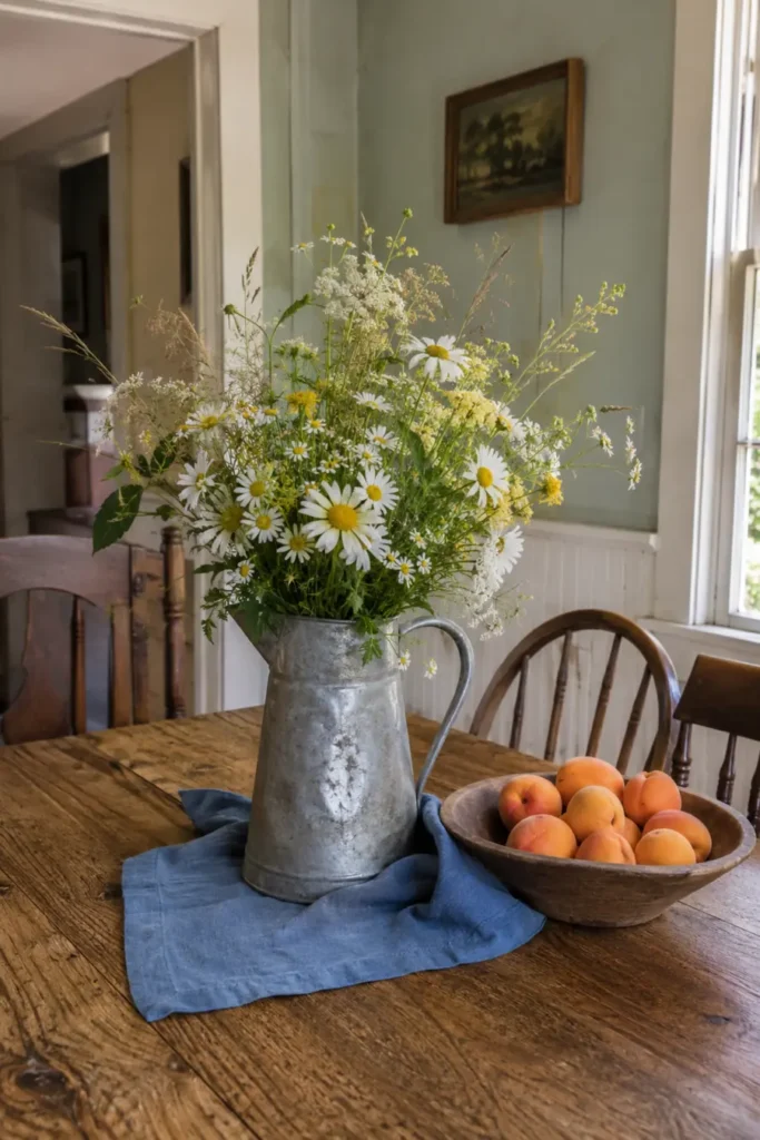 Galvanized pitcher filled with daisies and wildflowers beside a wooden bowl of peaches on a rustic dining table.