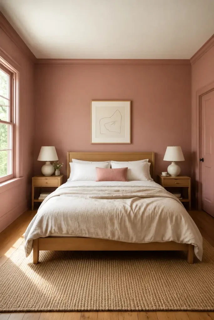 Bedroom with muted rose walls and trim, an oak bed, and cream bedding.