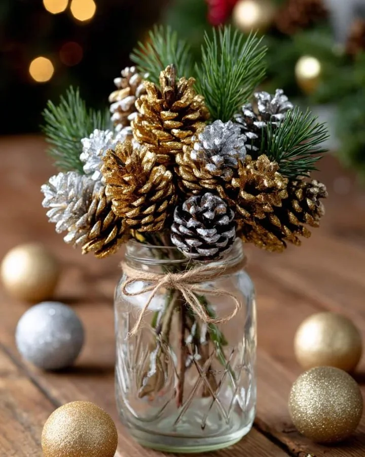 Metallic gold and silver pinecones with green sprigs arranged in a clear mason jar tied with twine