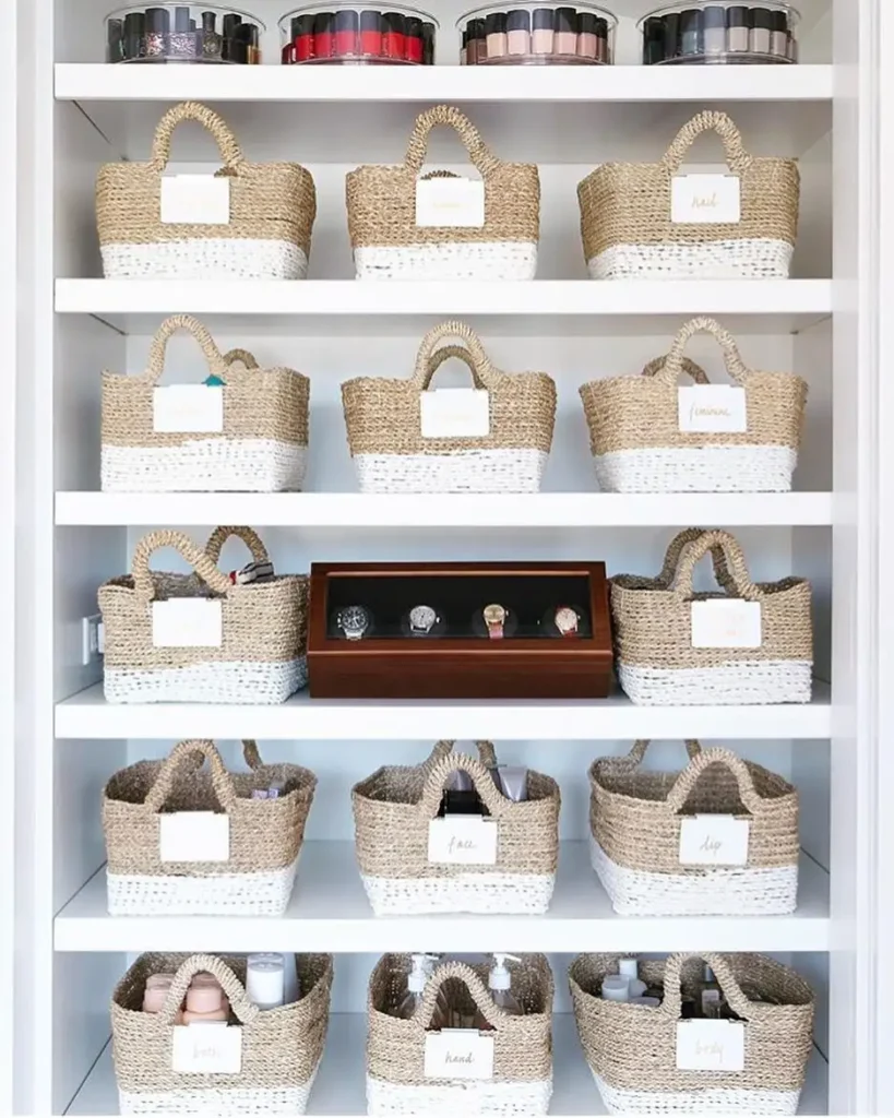 Bathroom closet with matching labeled baskets, clear organizers, and neatly grouped beauty and personal care products.