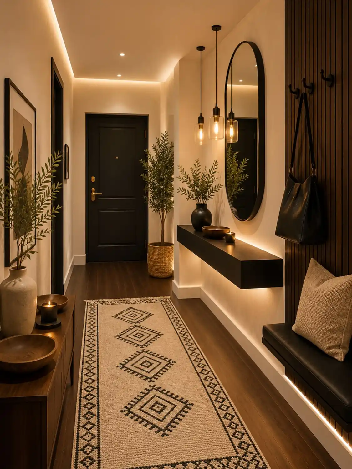 Modern hallway with layered warm lighting, black floating console, oval mirror, and patterned runner