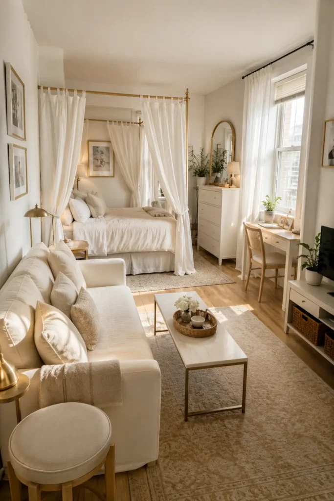 Bright white studio apartment with a curtained bed zone, cream sofa, small desk, and natural window light.