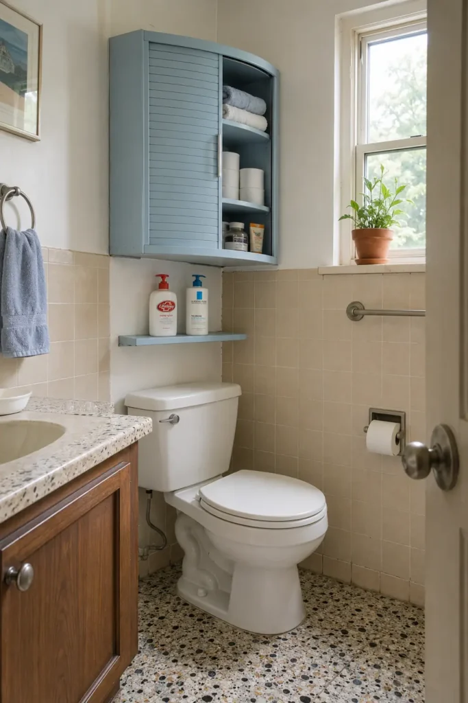 Dusty blue wall cabinet above a toilet with open shelves for towels, toilet paper and bathroom essentials