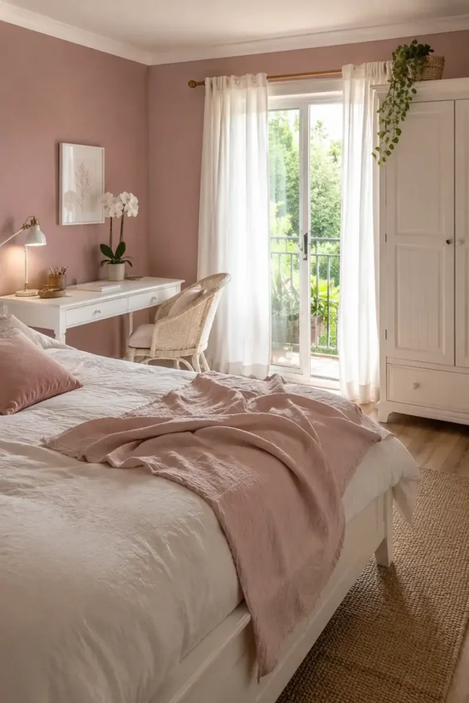 Sunlit bedroom with dusty pink walls, warm white furniture, soft rose bedding, and sheer cream curtains.