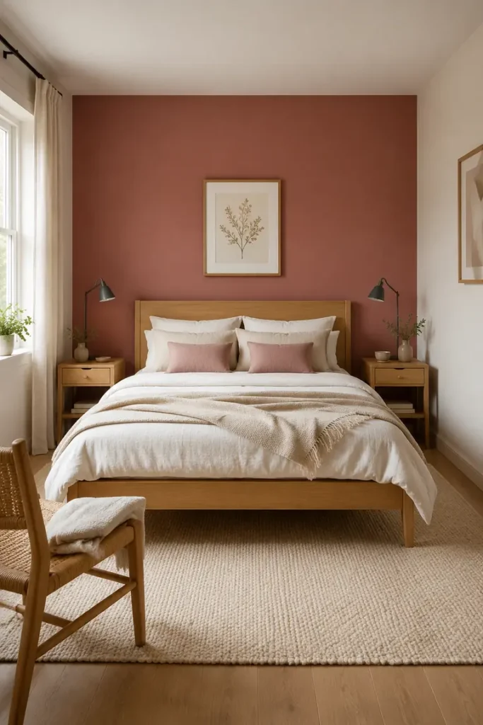 Dusty rose feature wall behind a light oak bed with neutral bedding.