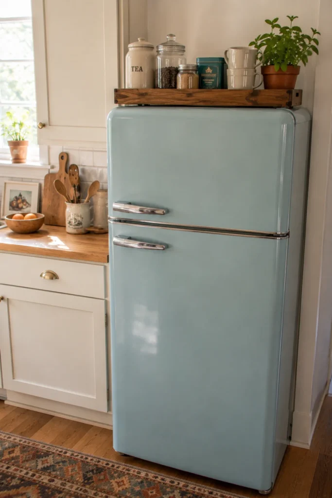 Pale blue refrigerator topped with a wooden tray holding tea canisters, jars, mugs, and a small potted herb.