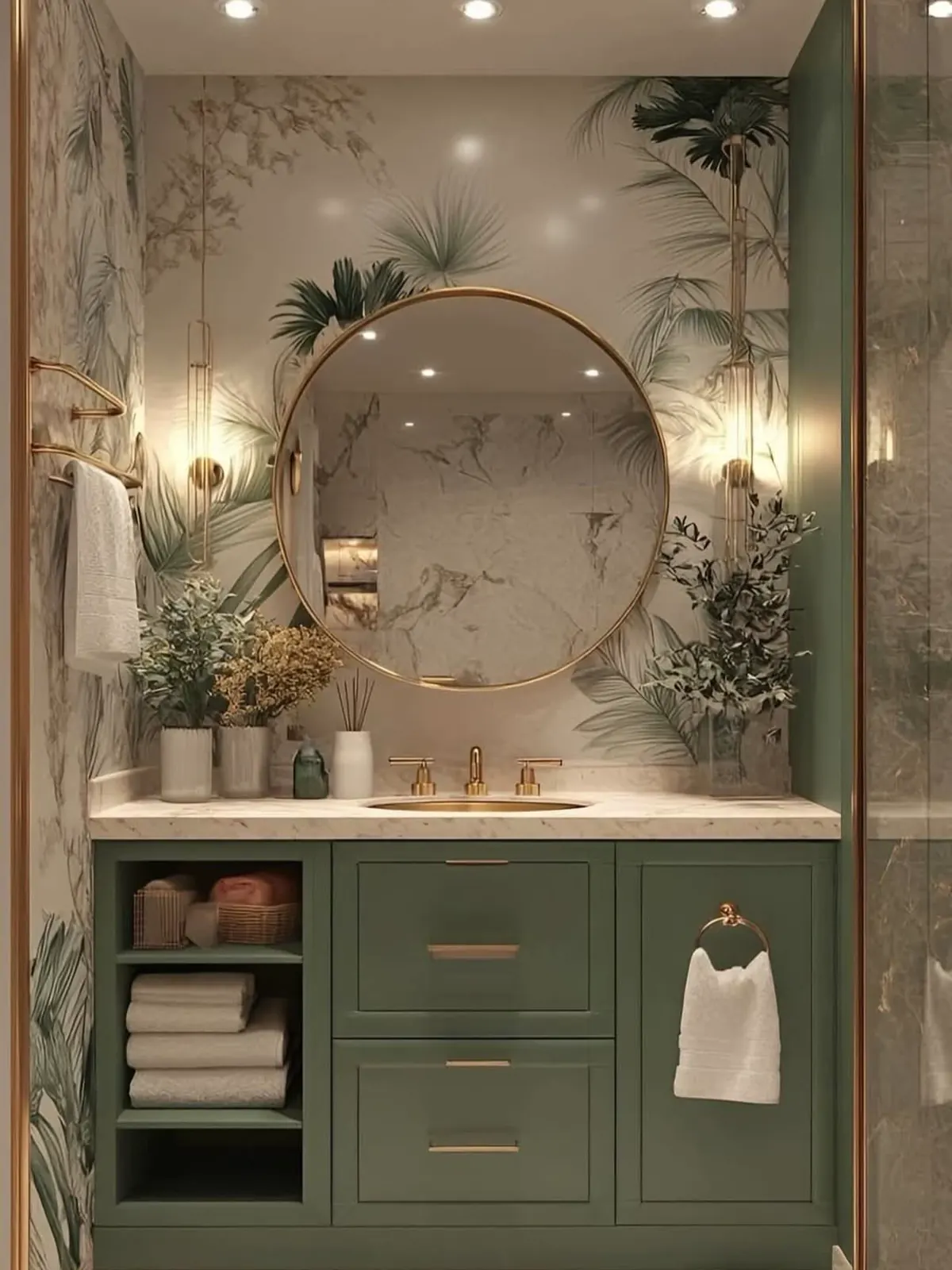Soft sage green farmhouse bathroom with mint vanity, marble countertop, floral towels, coral rug and white beadboard