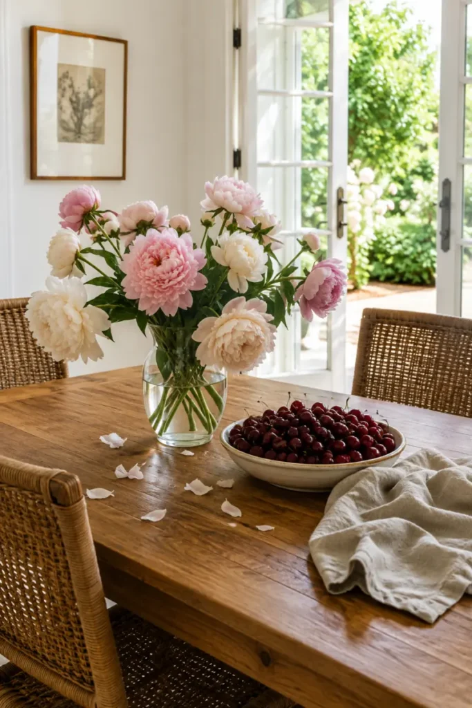Pink and cream peonies in a clear glass vase beside a shallow bowl of dark cherries.