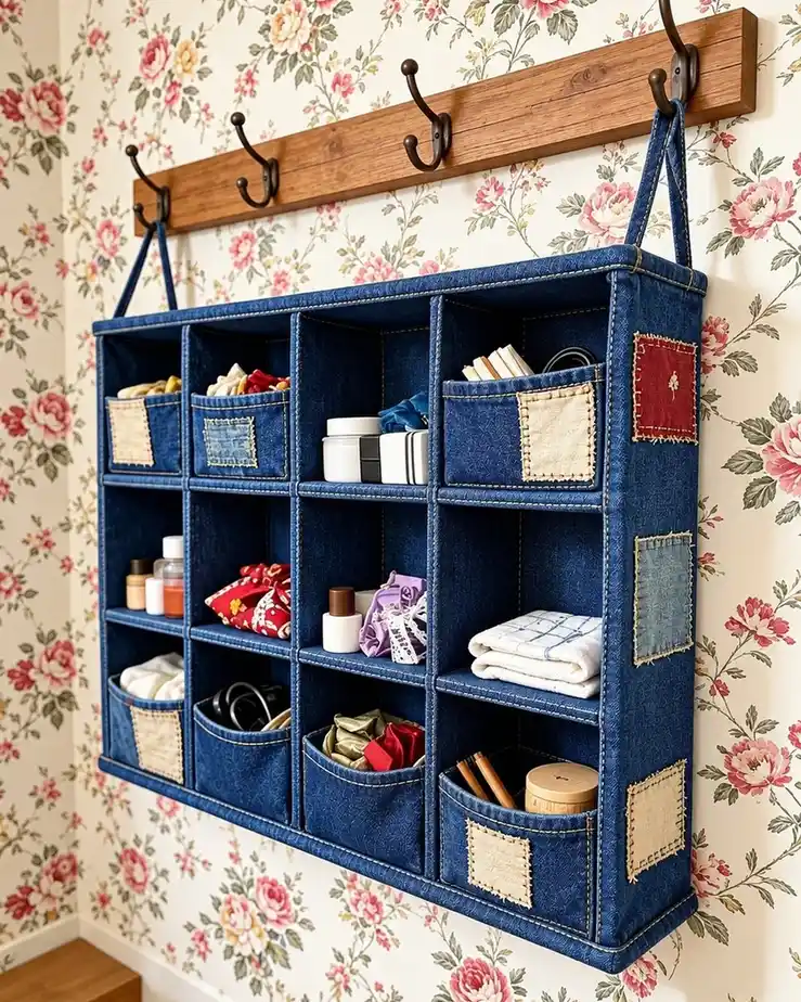 Wall-mounted fabric cubby organizer with pockets for small entryway essentials and accessories
