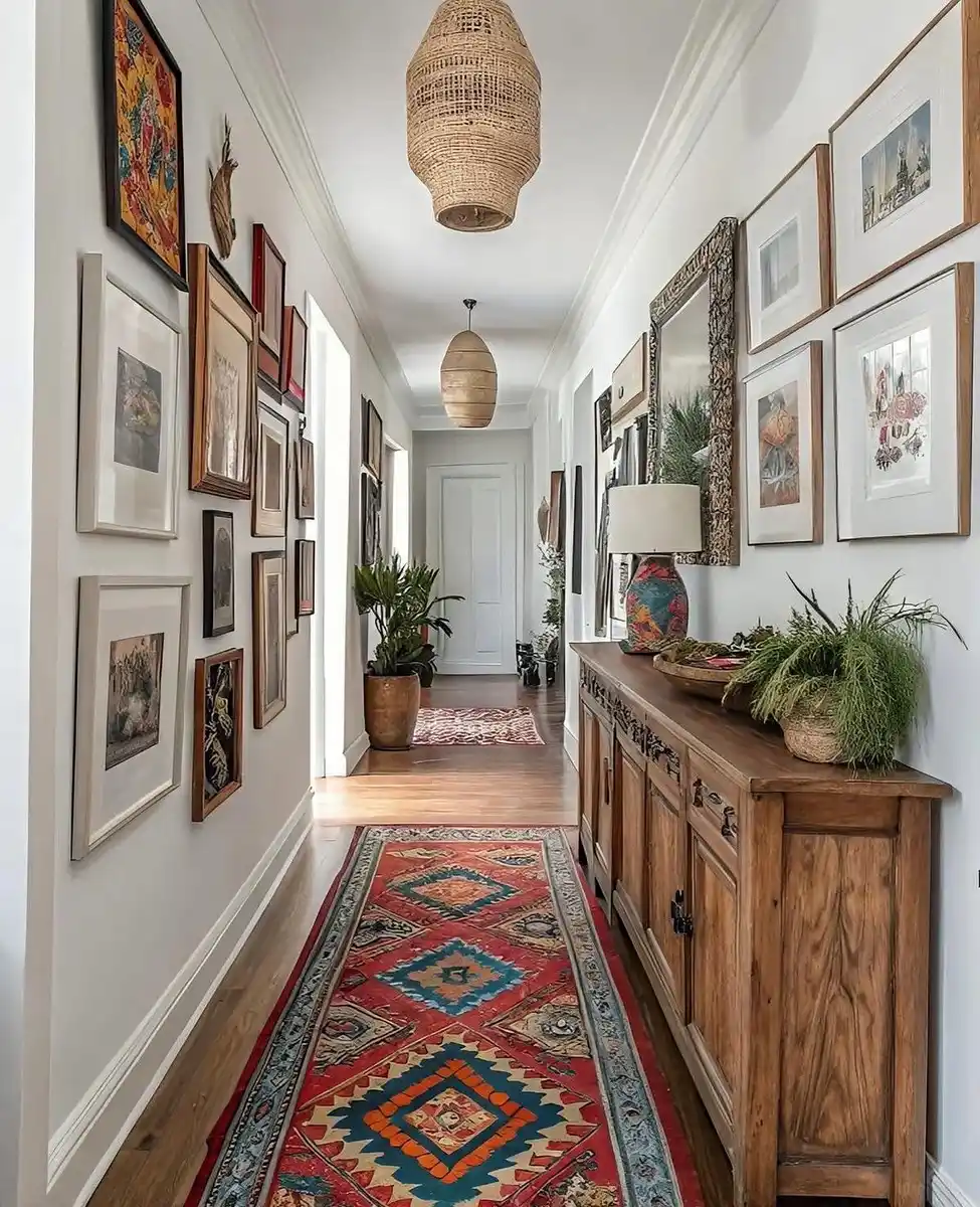 Long hallway gallery wall with mixed framed artwork, carved wood cabinet, colorful runner, and woven pendant lights