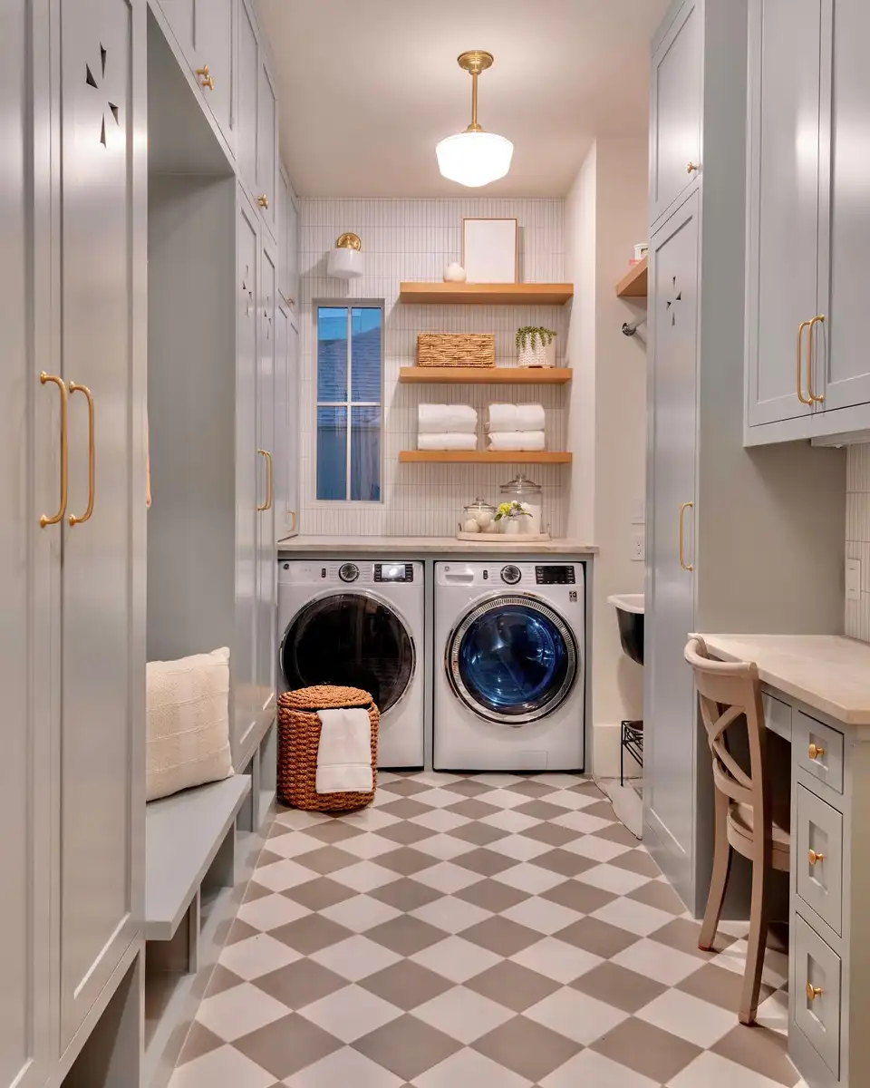 Narrow mudroom laundry room combo with tall gray storage cabinets, built-in bench, front-loading washer and dryer, open wood shelves, and checkered floor.