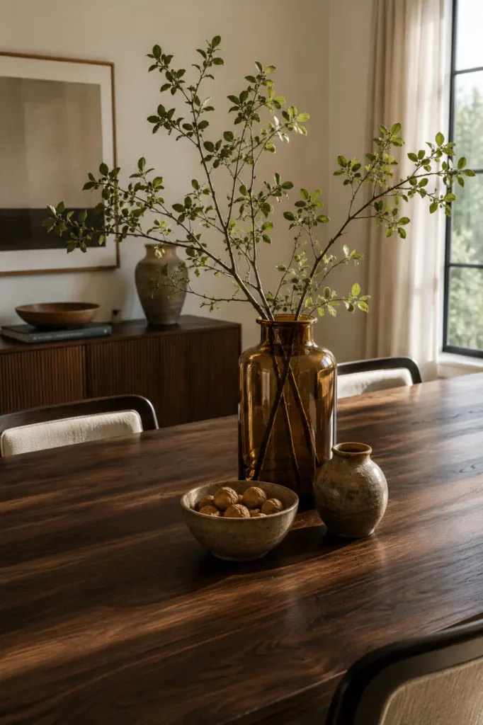 Amber glass vase with leafy branches, a small pottery vase, and a bowl of walnuts on a dark wood table.