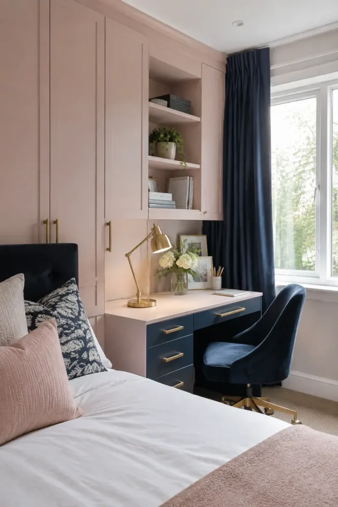 Blush built-in cabinets above a navy desk with brass hardware, a matching chair, and dark blue curtains.