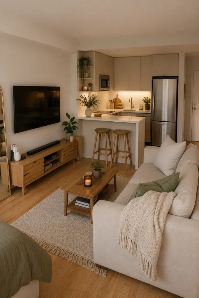 Small studio apartment with a breakfast bar dividing the compact kitchen from the cozy living area.