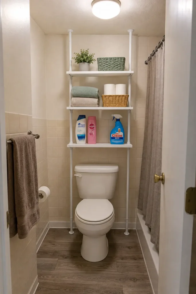 White tension pole shelving unit over a toilet holding towels, baskets, toilet paper and toiletries