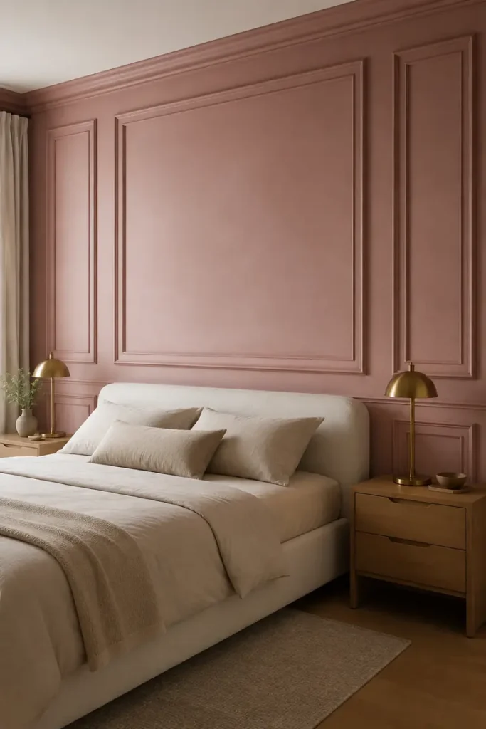 Dusty rose bedroom wall with simple molding panels behind a cream bed.