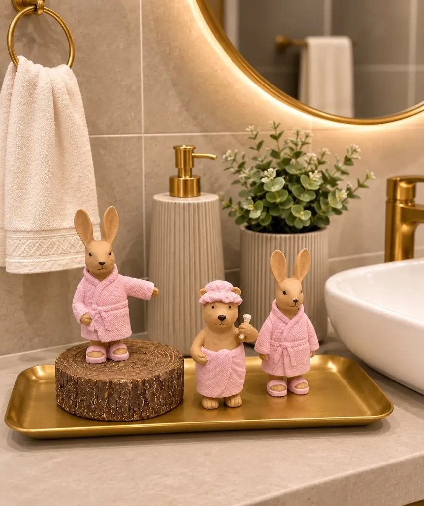 Gold bathroom tray decorated with three animal figures wearing pink spa robes.