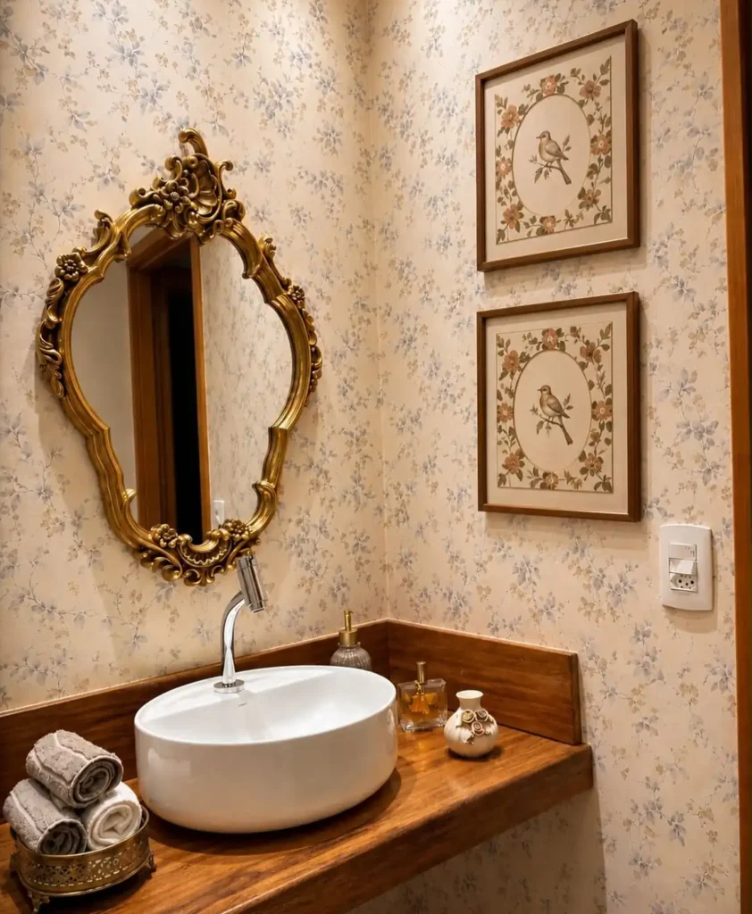 Vintage bathroom vanity with a warm wood counter, white vessel sink, ornate gold mirror, rolled towels, and decorative bottles.
