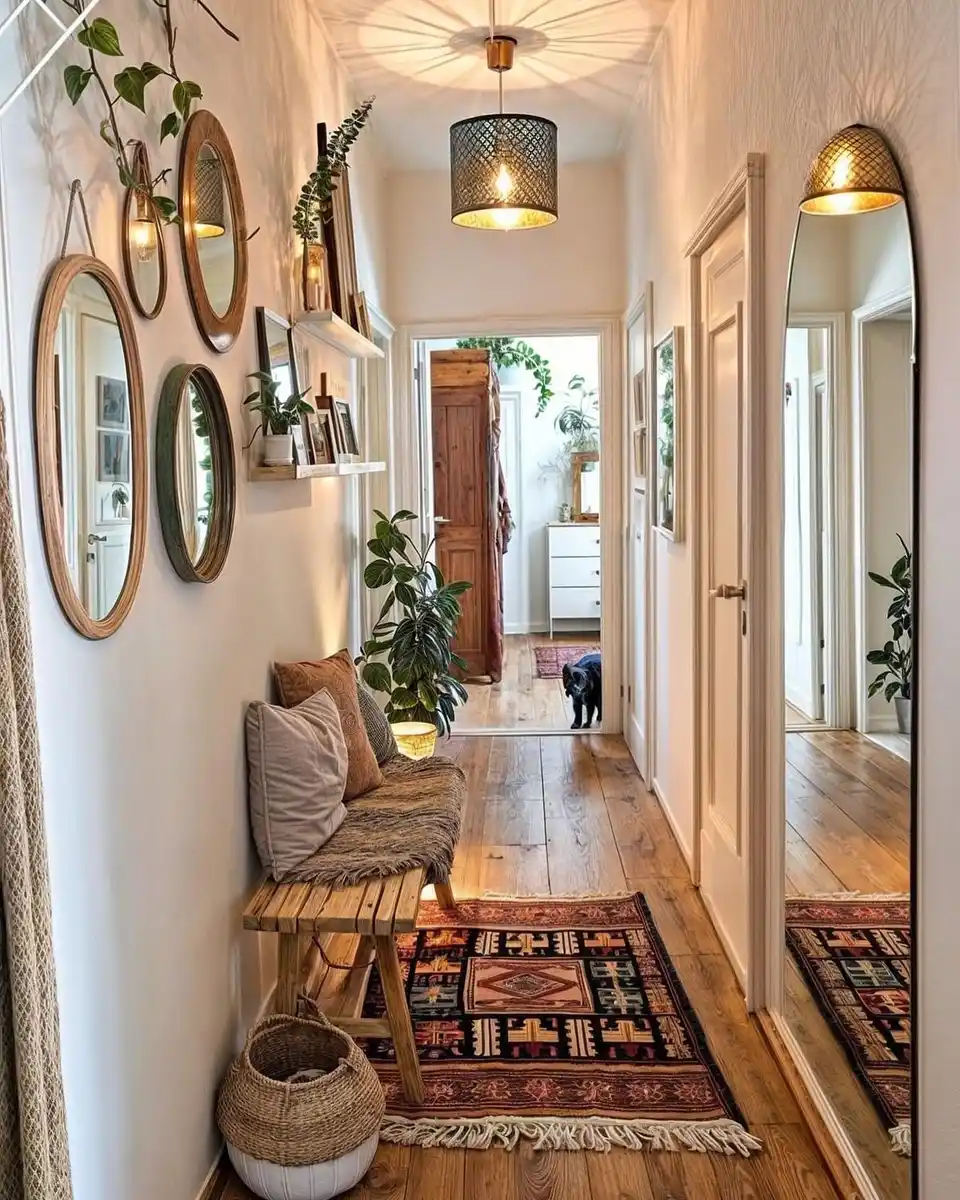 Narrow hallway with grouped round mirrors, wooden bench, patterned rug, plants, and wall shelves